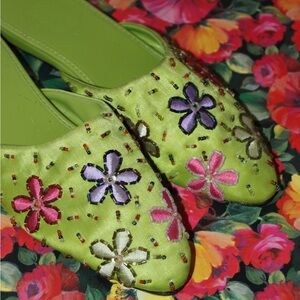 Floral Embroidered Lime Green Flats